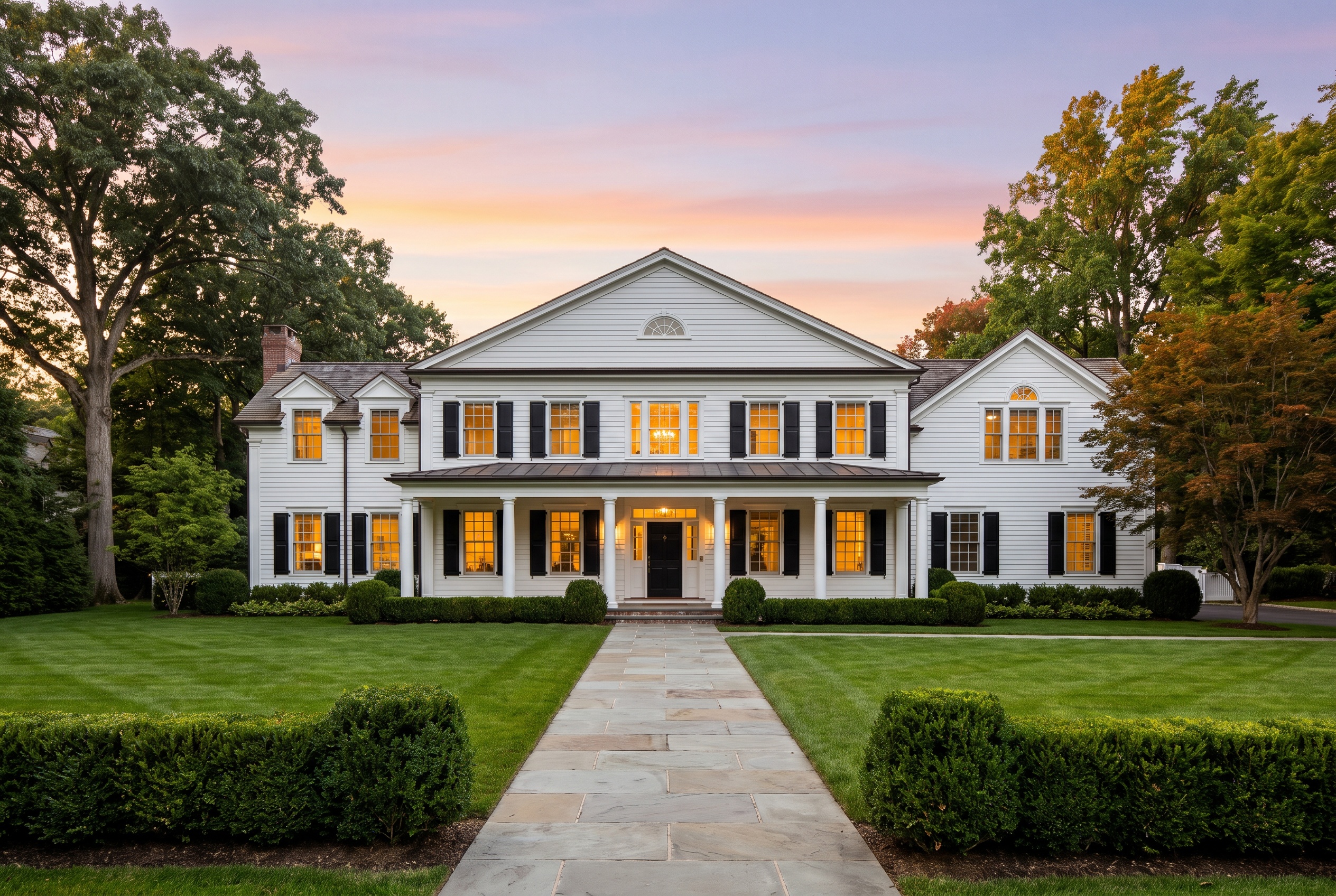 Renovated Connecticut colonial home exterior at dusk